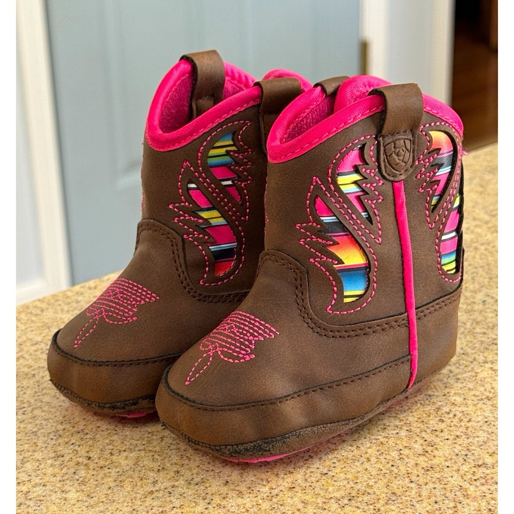 Ariat Flora Girls Western Cowboy Pull-On Leather Ankle Boots Brown Pink Newborn